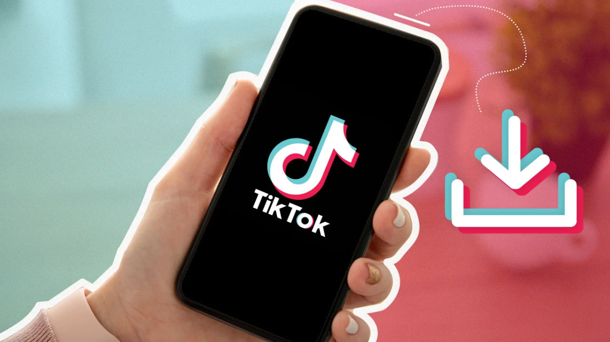 Hand holding a phone with TikTok open beside a download symbol