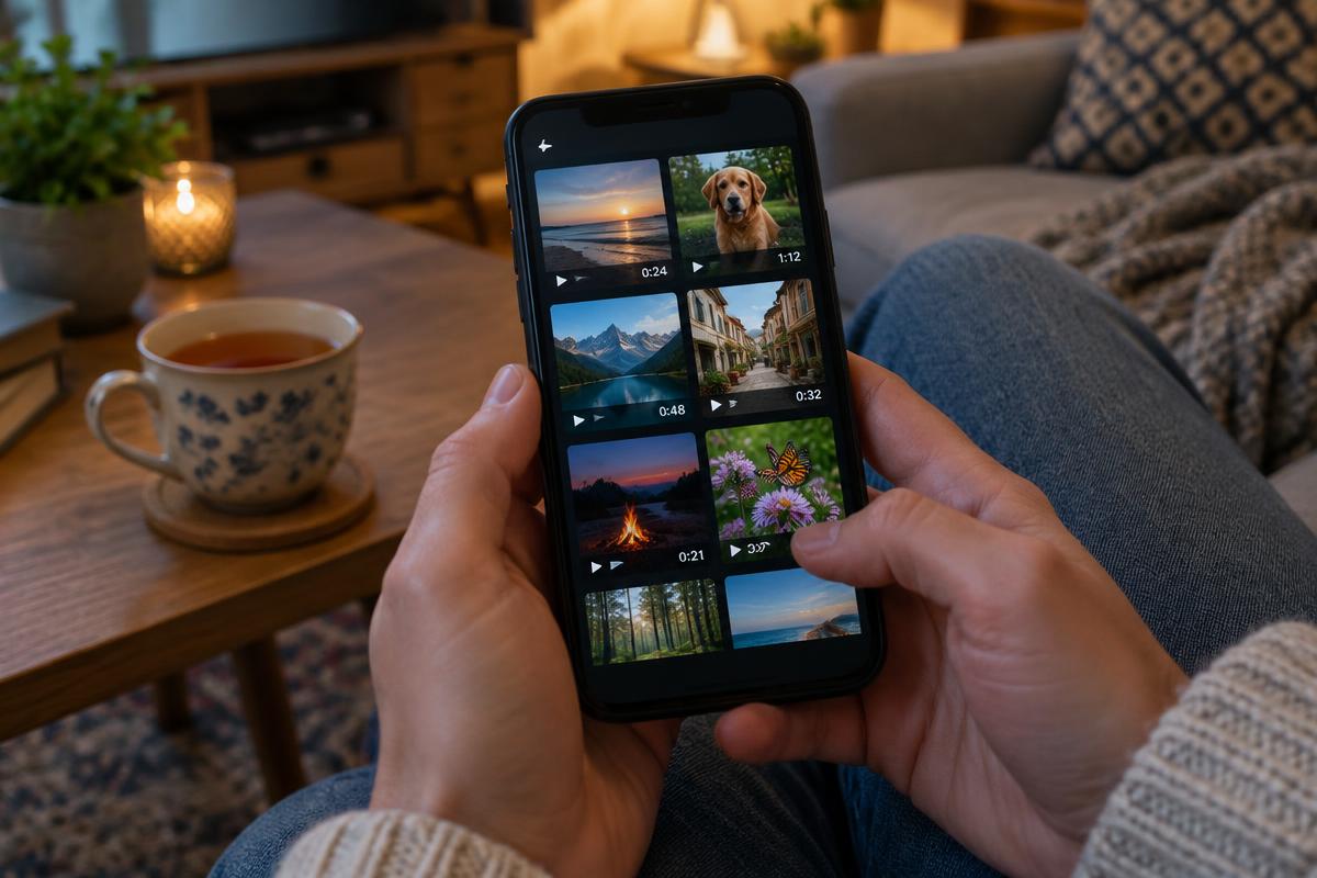 Person holding a phone showing a gallery of saved videos on the sofa