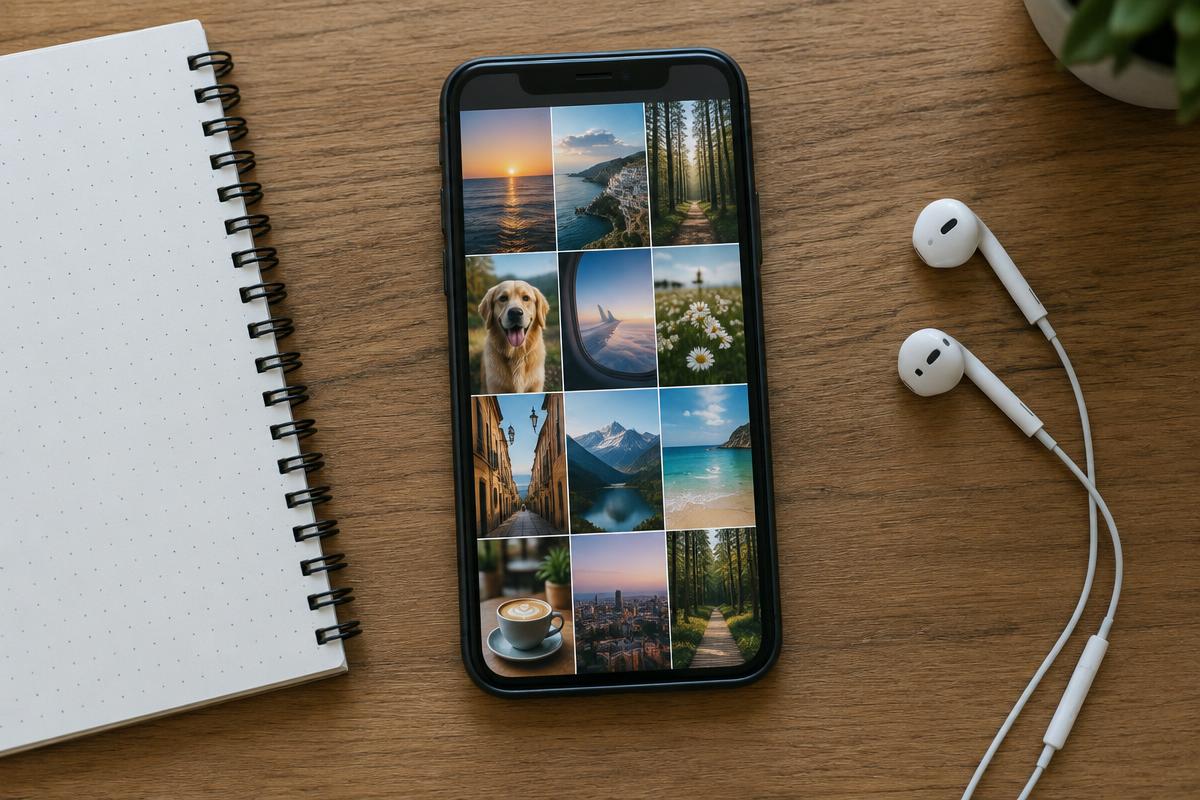 Phone on a desk showing a gallery grid of saved story photos