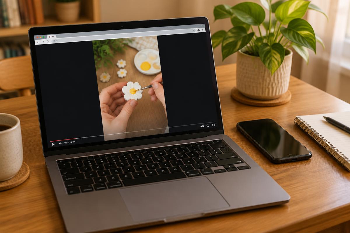 Laptop on a wooden desk showing a vertical craft video with a phone beside it