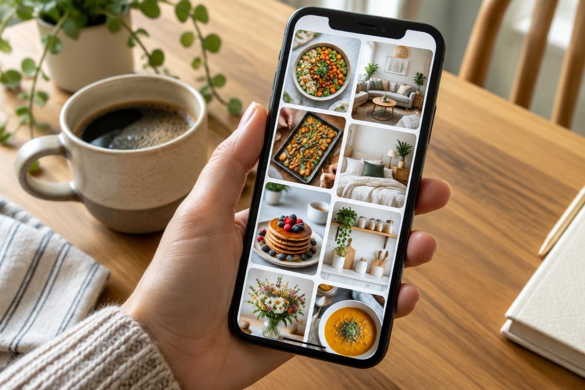 Hand holding a phone showing a grid of recipe and decor video pins on a kitchen table