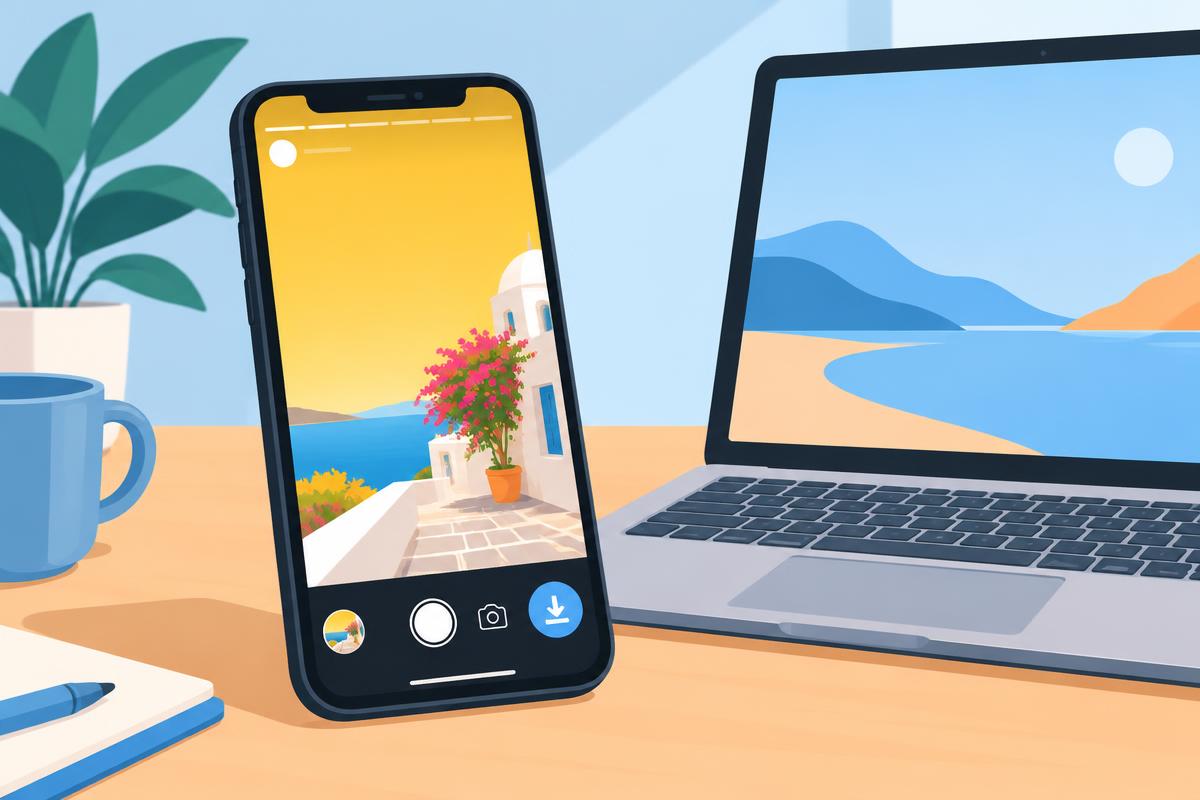 Phone showing a vertical story with a download button next to a laptop