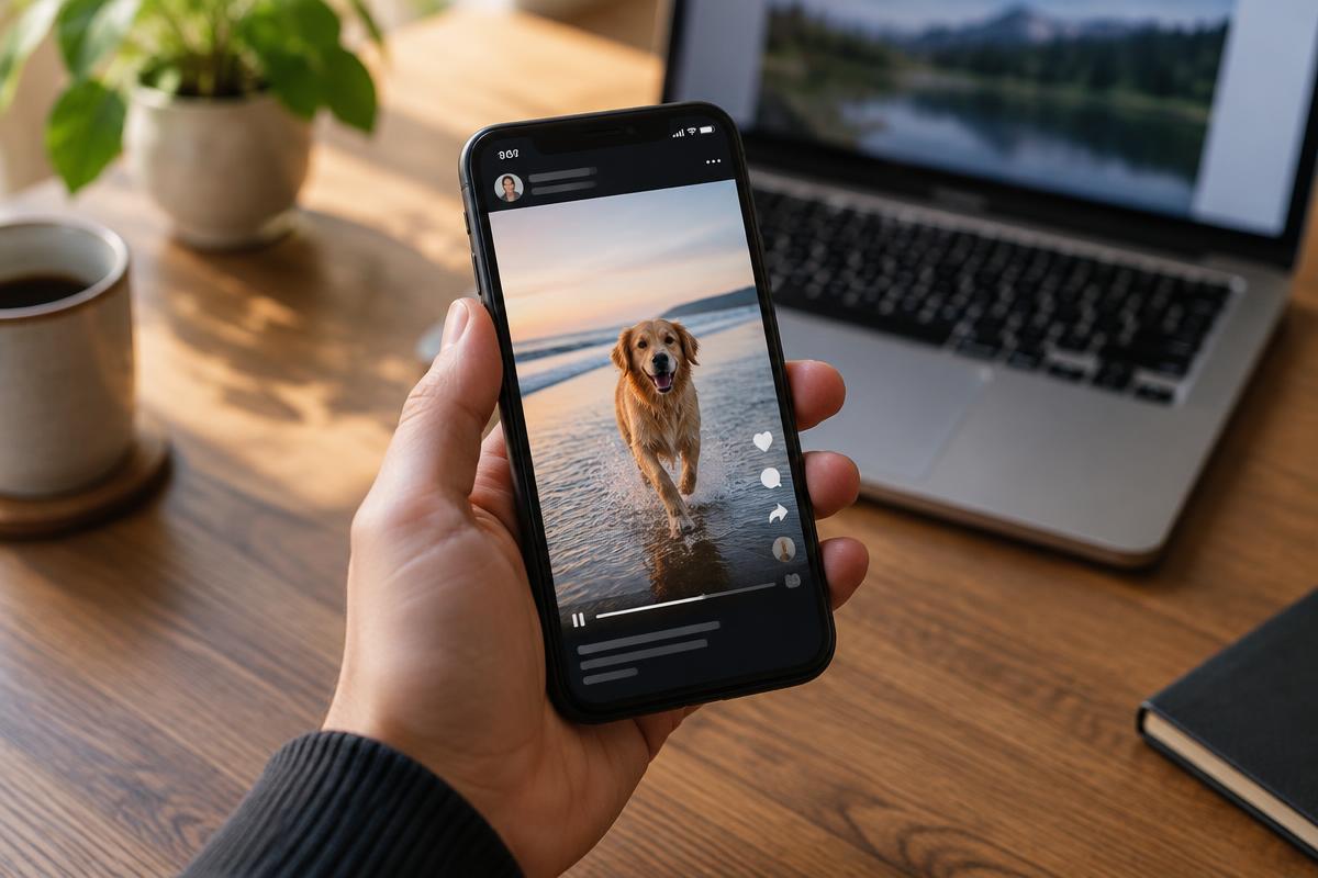 Hand holding a phone playing a short video post