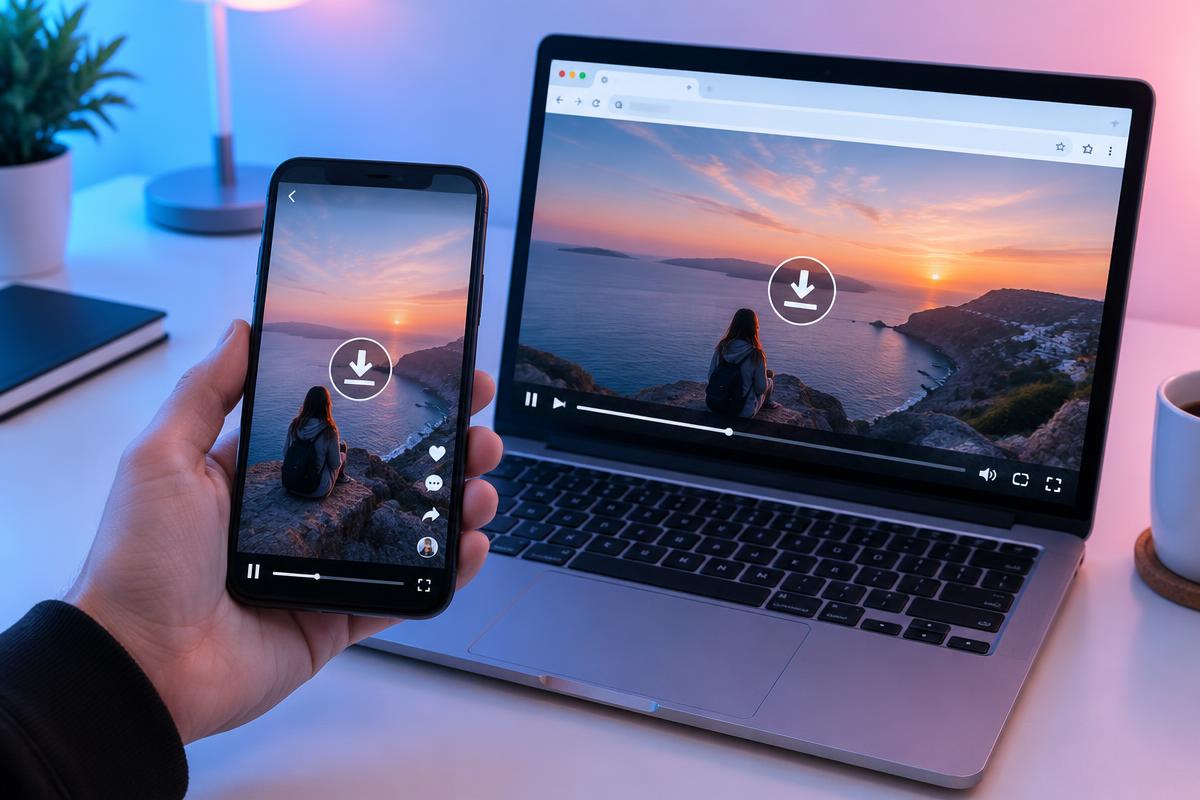 Phone and laptop showing the same short vertical video with a download icon